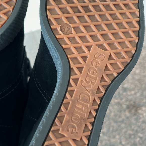 SEE BY CHLOE LADIES BLACK SUEDE WEDGE TIE BOOTIES-7-EUC - Picture 10 of 10